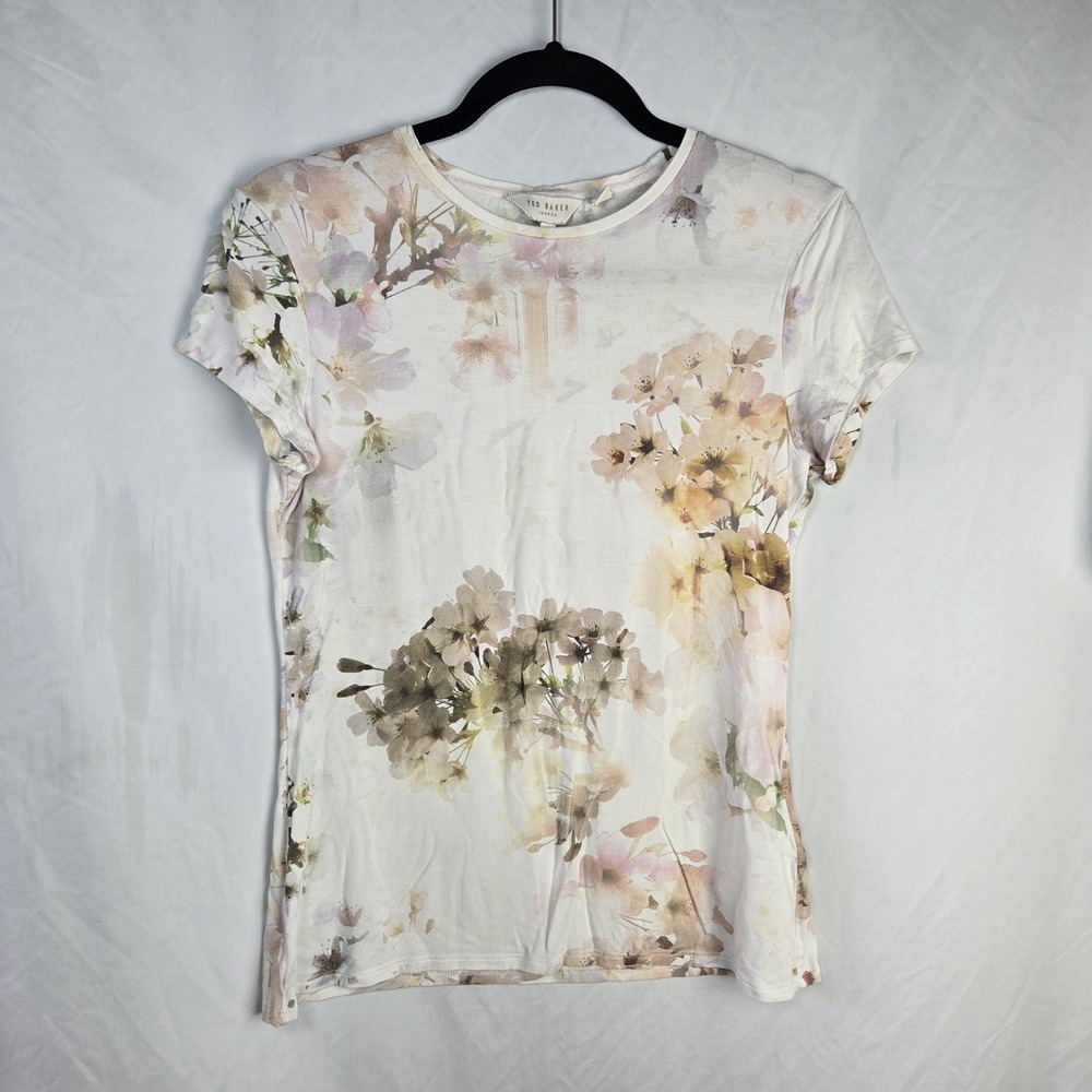 Ted Baker London Floral Print Shirt Multicolor Short Sleeve Womens 4 Watercolor